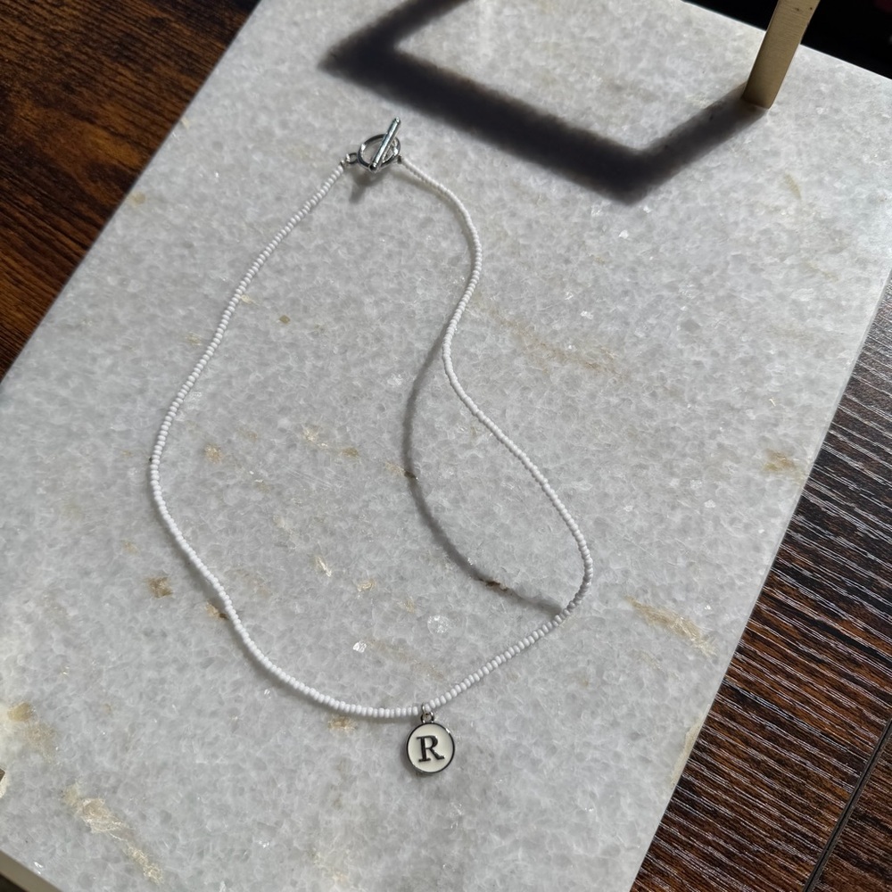 White Beaded Initial Necklace “R” | Minimalist Letter Charm - Picture 2 of 4